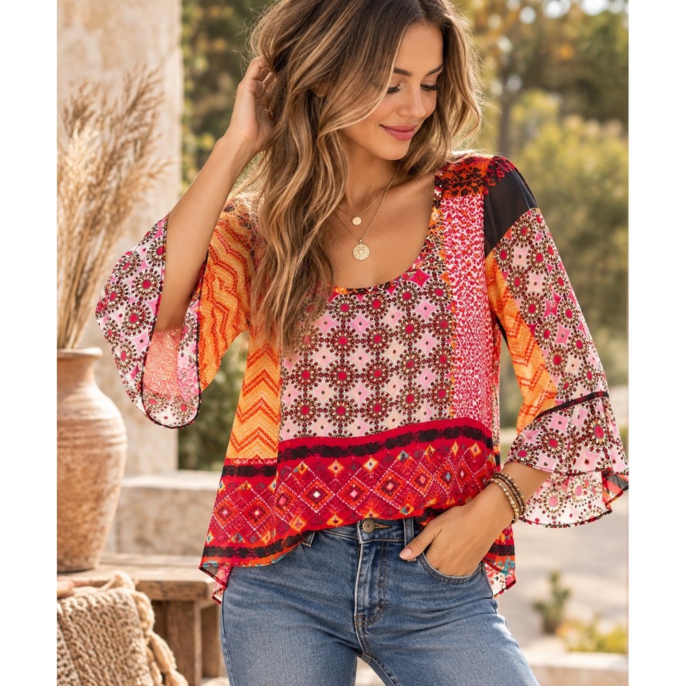 Patrons of Peace Boho Patchwork Blouse Small Sheer Bell Sleeve Festival Top